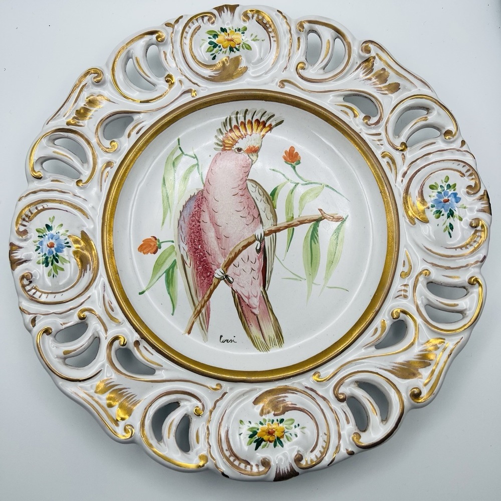 Ugo Zaccagnini Vintage Italian Cockatoo Plate Gold Gilt Reticulated Signed Corsi